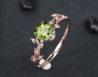 Vintage Round Cut Peridot Solitaire Engagement Ring, Leaf Peridot Promise Ring, Nature Inspired Peridot Wedding Ring, Rose Gold Ring Gift