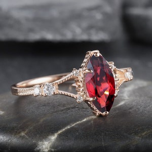 Vintage Milgrain Marquise Cut Garnet Engagement Ring, Unique January Birthstone Promise Ring, 14K Rose Gold/Silver Garnet Wedding Ring Gift
