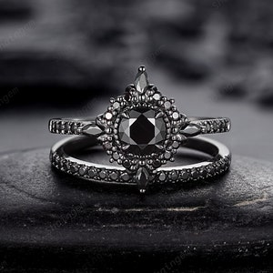 Gothic Round Shape Black Moissanite Halo Engagement Ring, Rhodium Black PeekaBoo Setting Promise Ring, Unique Dark Wedding Ring Bridal Set
