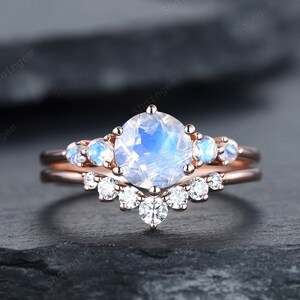 Vintage Mondstein Verlobungsring Set, Einzigartige 14K Rose Gold Mondstein Hochzeit Versprechen Ring, Blauer Mondstein Braut Set Jahrestagsgeschenk