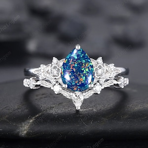 Vintage Pear Shape Black Fire Opal Engagement Ring Set, Unique 14K White Gold Floral Opal Wedding Ring Bridal Set, Promise Ring for Women