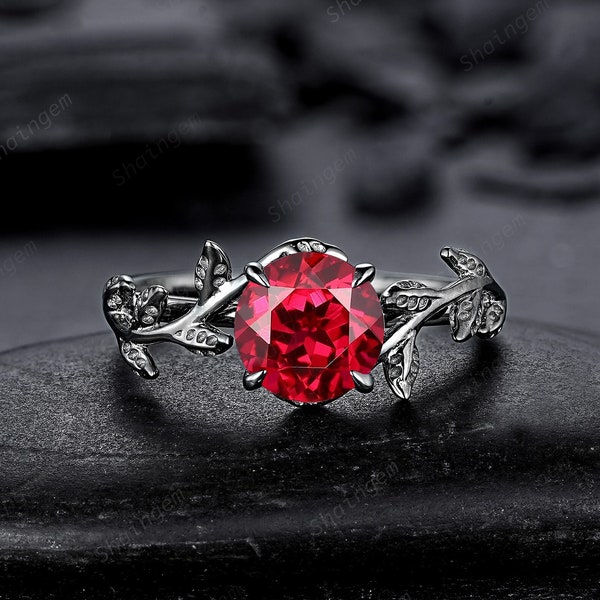 Black Gold Finish Round Ruby Engagement Ring, Rhodium Black Hip Hop Leaf Nature Inspired Ruby Promise Ring, Gothic Anniversary Gift for her