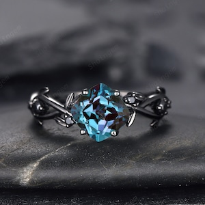 Black Gold Cushion Cut Alexandrite Engagement Ring, Rhodium Black Leaf Bridal Ring, Black Promise Ring, Gothic Black Twig Wedding Ring Gift