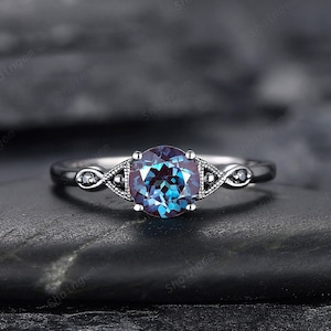 Gothic Black Gold Alexandrite Engagement Ring, Infinity Setting, Rhodium Black Wedding Ring, June Birthstone Promise Ring Anniversary Gift