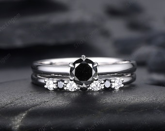 0.5 CT Round Shape Black Diamond Engagement Ring Set, Dainty White Gold Black Diamond Promise Ring, Diamond Wedding Anniversary Ring for her