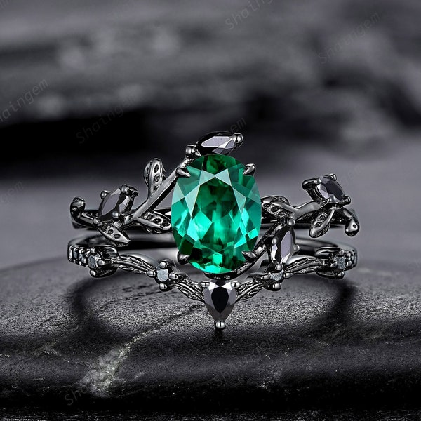 Vintage Black Gold Oval Shape Emerald Leaf Engagement Ring, Unique Rhodium Black Twig Branch Wedding Set, Witchy Promise Ring Gift for Women