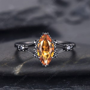 Black Gold Vermeil Marquise Citrine Engagement Ring, Rhodium Black Citrine Promise Ring, Black Wedding Ring, Gothic Anniversary Ring Gift