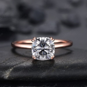 Cushion Cut Gray Moissanite Solitaire Engagement Ring, Unique Grey Moissanite Promise Ring, Art Deco Gray Stone Wedding Ring Gift for Women
