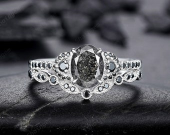 Platin-Verlobungsring-Set mit natürlichem Salz- und Pfefferdiamant, Verlobungsring mit grauem Diamant, ovaler Ehering mit schwarzem Diamant aus Weißgold