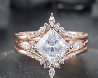 Unique Princess Cut Moissanite Bridal Set, Vintage Engagement Ring Art Deco Moissanite Wedding Set 14K Rose Gold Promise Ring Gift for Women