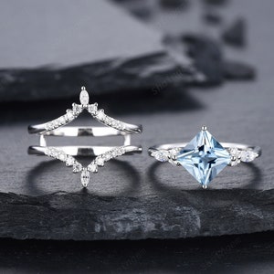 Princess Cut Aquamarine Bridal Set, Vintage Natural Blue Aquamarine Engagement Ring Enhancer Dual Band Wedding Set White Gold Promise Ring