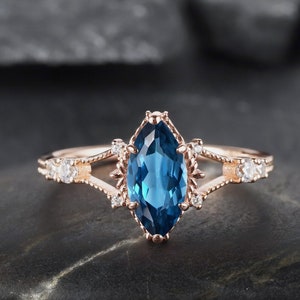 Vintage Milgrain Marquise London Blauer Topas Verlobungsring, einzigartige November Birthstone Hochzeit Versprechen Ring 14K Rose Gold / Silber Ring Geschenk