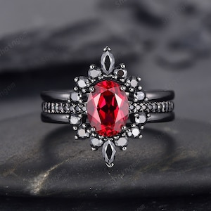 3PCS Oval Ruby Black Engagement Ring Set, Black Gold Finish Ruby Promise Ring Set, Vintage Rhodium Black Ruby Wedding Ring Gift for Her