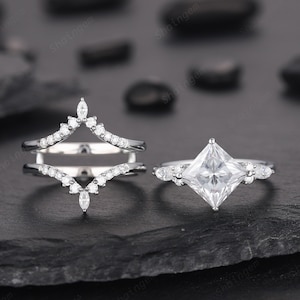 Princess Cut Moissanite Bridal Set Vintage Moissanite Engagement Ring Enhancer Set Dual Band Soldered Wedding Set Rose Gold Promise Ring