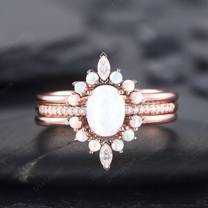 Vintage 3PCS White Fire Opal Promise Ring Set, Oval Opal Rose Gold Halo Engagement Wedding Ring, Opal Bridal Set Anniversary Ring for Women
