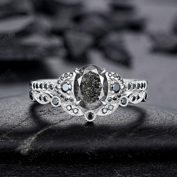 Platinum Natural Salt and Pepper Diamond Engagement Ring Set, Gray Diamond Promise Ring, White Gold Oval Shape Black Diamond Wedding Ring