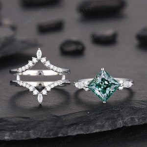 Unique Princess Cut Green Moissanite Bridal Set, Vintage Moissanite Engagement Ring Set , Moissanite Wedding Set Rose Gold Promise Ring