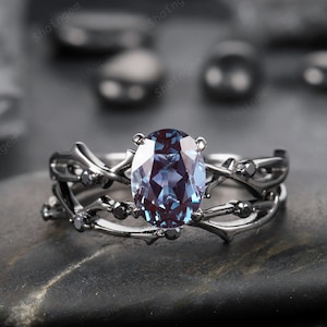 Vintage Rhodium Black Vermeil Oval Alexandrite Engagement Ring Set, Unique Black Gold Alexandrite Promise Ring Set, Black Diamond Bridal Set