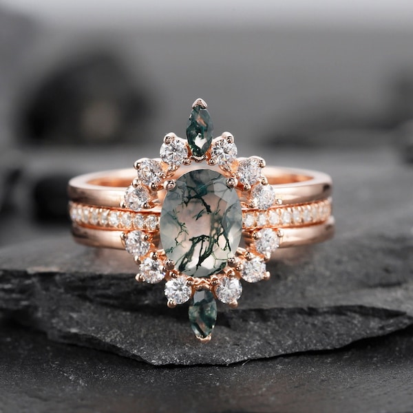 Vintage 3PCS Oval Moss Agate Diamond Engagement Ring Set 14K Rose Gold Moss Agate Promise Wedding Rings Bridal Set Healing Gift For Women