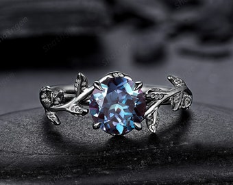 Unique Black Gold Round Shape Alexandrite Engagement Ring, Vintage Rhodium Black Hip Hop Leaf Wedding Ring June Birthstone Promise Ring Gift