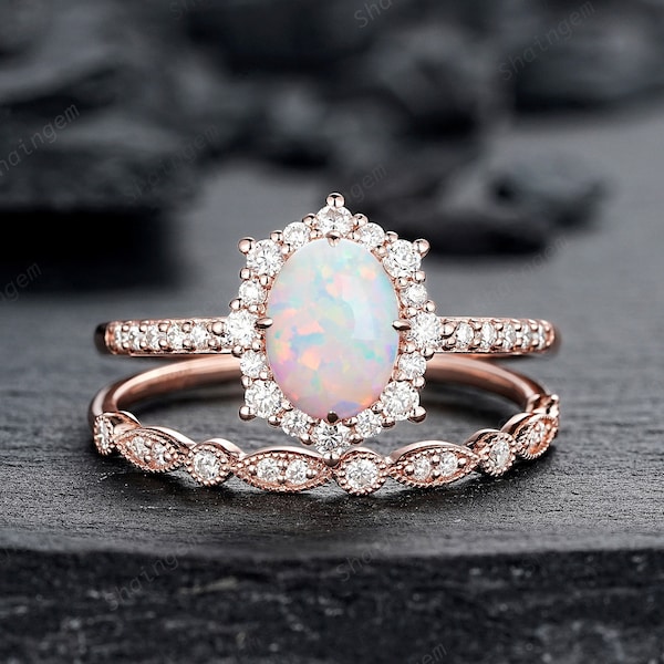 White Fire Opal and Diamond Ring Set Unique Oval Cut Opal Rose Gold Halo Engagement Ring Set Opal Bridal Set Anniversary Ring Gift for Women