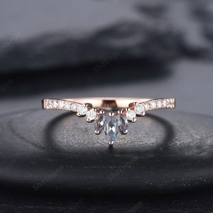 V Shaped Marquise Alexandrite Wedding Band, Rose Gold Alexandrite Engagement Band, Curved Matching Band, Stacking Anniversary Ring Enhancer