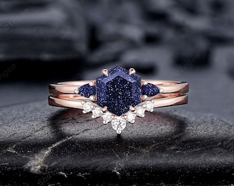 Vintage Hexagon Cut Blue Sandstone Engagement Ring Set, Unique 14K