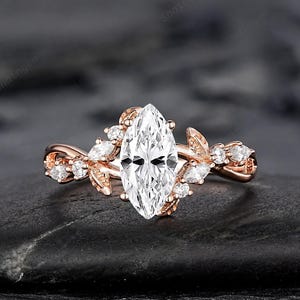Unique Marquise Cut Moissanite Engagement Ring, Nature Inspired Leaf Diamond Wedding Ring Vintage Rose Gold Twig Promise Ring Gift for Women