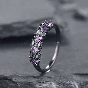 Black Gold Square Amethyst and Black Marquise Moissanite Wedding Band, Black Engagement Ring, Gothic Anniversary Promise Ring Matching Band