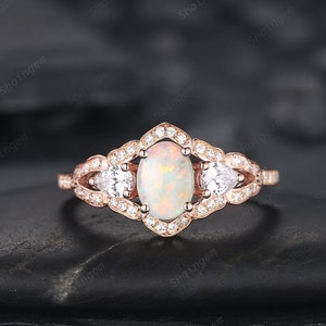 Vintage Oval Shape Natural Australian White Opal Engagement Ring,  Unique 14K 18K Rose Gold Cluster Wedding Ring,  Opal Promise Ring Gift