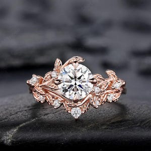 Vintage Round Shape Moissanite Leaf Engagement Ring Set:  Unique Rose Gold Twig Branch Vine Wedding Nature Inspired Promise Ring for Women