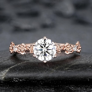 IGI Certified 1 Carat Lab Grown Diamond Engagement Ring, 14K 18K Rose Gold Nature Inspired Rose Flower Promise Ring Diamond Wedding Ring