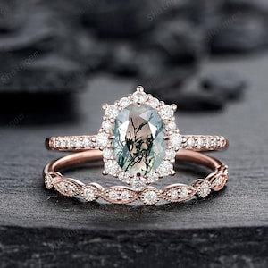 Moosachat Halo Verlobungsring, Vintage Moosachat Halo Verlobungsring, Einzigartige Ovalschliff Moosachat Roségold Hochzeitsring, Moosachat Hochzeitsring Geschenk