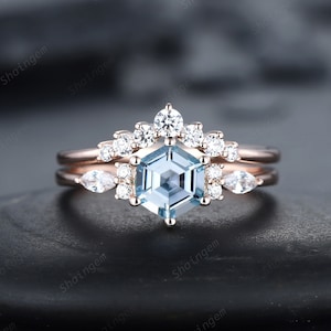 Unique Hexagon Aquamarine Engagement Ring Set, Vintage Aquamarine and Diamond Wedding Ring, 14K Rose Gold March Birthstone Promise Ring Gift