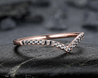 Vintage Black Diamond Curved Wedding Band, Rose Gold Chevron Nesting Band, Black Moissanite V Shaped Matching Stacking Ring Anniversary Band