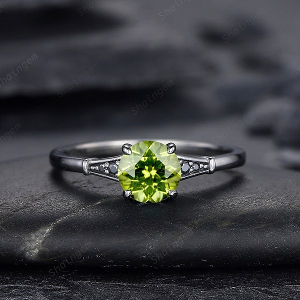 Gothic Black Gold Peridot Engagement Ring, Rhodium Black Bridal Ring, Unique Black Promise Ring, Round Shape Peridot Black Wedding Ring Gift