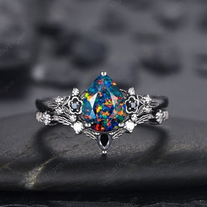 Black Gold Pear Shape Facet Black Opal Engagement Ring, Rhodium Black Opal Wedding Set, Witchy Bridal Set Promise Ring Black Floral Ring