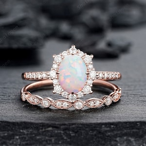 Oval Shape White Fire Opal and Diamond Engagement Ring Set Unique Rose Gold Halo Promise Ring Bridal Set Anniversary Ring Gift for Women her