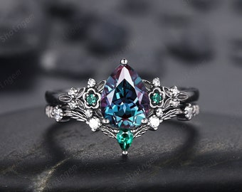 Black Gold Pear Cut Alexandrite and Emerald Engagement Ring, Black Floral Promise Ring , Unique Black Rhodium Wedding Ring Bridal Set Gift
