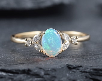 Vintage Natural Blue Fire Australia Opal and Diamond Engagement Ring 14K Yellow Gold Oval Opal Marquise Cut Moissanite Promise Wedding Ring