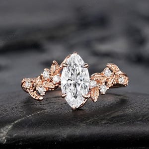 Unique Marquise Moissanite Leaf Engagement Ring Nature Inspired Diamond Wedding Ring Vintage Rose Gold Twig Vine Promise Ring Gift for Women