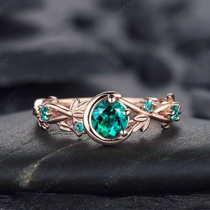 Vintage Emerald Leaf Engagement Ring, Twig Branch Emerald Promise Ring, Round Emerald Wedding Ring, 14K Rose Gold Silver Anniversary Ring