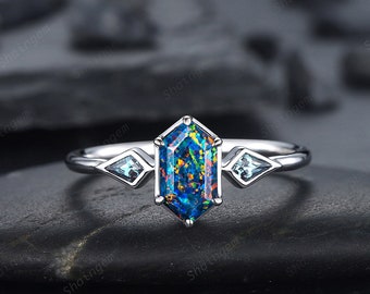 Long Hexagon Black Fire Opal Ring, 14K White Gold Kite Alexandrite Wedding Ring, Three Stone Ring, Anniversary Promise Ring , Bezel Setting