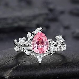Vintage Pear Cut Padparadscha Pink Sapphire Leaf Engagement Ring, White Gold Twig Branch Wedding Set, Nature Inspired Promise Ring for Women