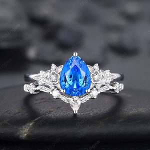 Pear Shape Blue Fire Spinel Engagement Ring Set, Sterling Silver Floral Blue Spinel Promise Ring, Nature Inspired Bridal Set Gift For Women