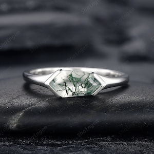 Platinum Unique Shield Cut Moss Agate Engagement Ring, Sterling Silver Solitaire Agate Promise Ring, White Gold Wedding Ring Gift for Women
