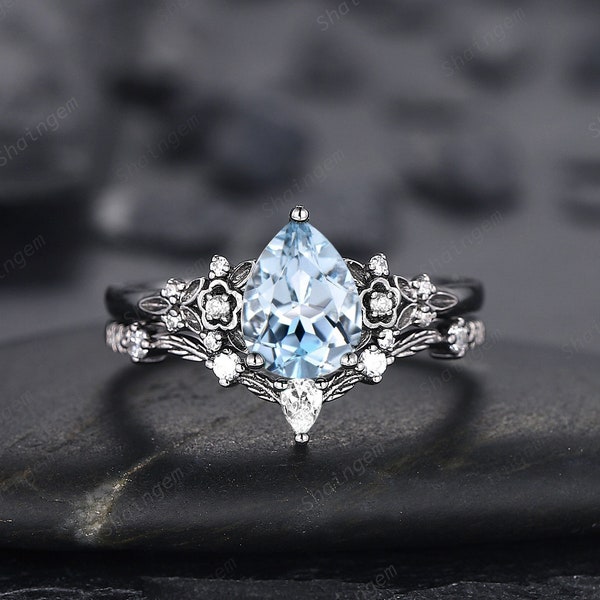Gothic Black Gold Pear Cut Aquamarine Engagement Ring, Black Floral Promise Ring , Unique Black Rhodium Wedding Ring Bridal Set Gift for her