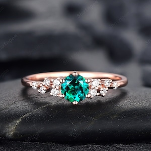Round Shape Emerald Cluster Engagement Ring, Dainty Snowdrift Promise Ring, Unique Rose Gold May Birthstone Wedding Ring Anniversary Gift