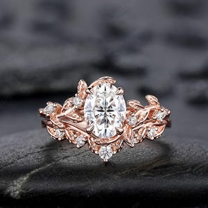 Vintage Oval Shape Moissanite Leaf Engagement Ring Set:  Unique 14K 18K Rose Gold Twig Branch Vine Wedding Promise Platinum, 925 Silver