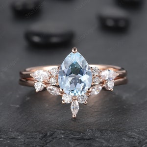 Vintage Pear Shape Natural Aquamarine and Diamond Engagement Ring Set, Solid Rose Gold Marquise Moissanite Promise Wedding Ring for Women
